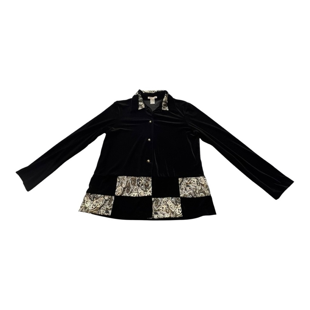 VINTAGE NOTATIONS Velvet Brocade Patchwork Button-Up Top | L | Black Gold | 90s - Picture 2 of 12